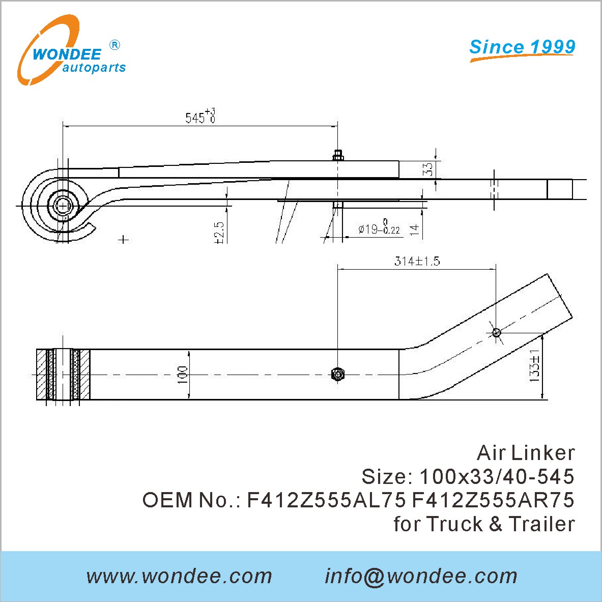 Wondee Autoparts Air Linker OEM F412Z555AL75 F412Z555AR75 pour le camion et la remorque