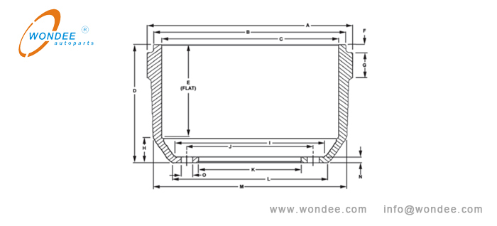 Schematic diagram of brake drum parameters from a China’s manufacturer WONDEE Autoparts Diagramme schématique des paramètres de tambour de frein du fabricant de Chine WONDEE AUTOPARTS