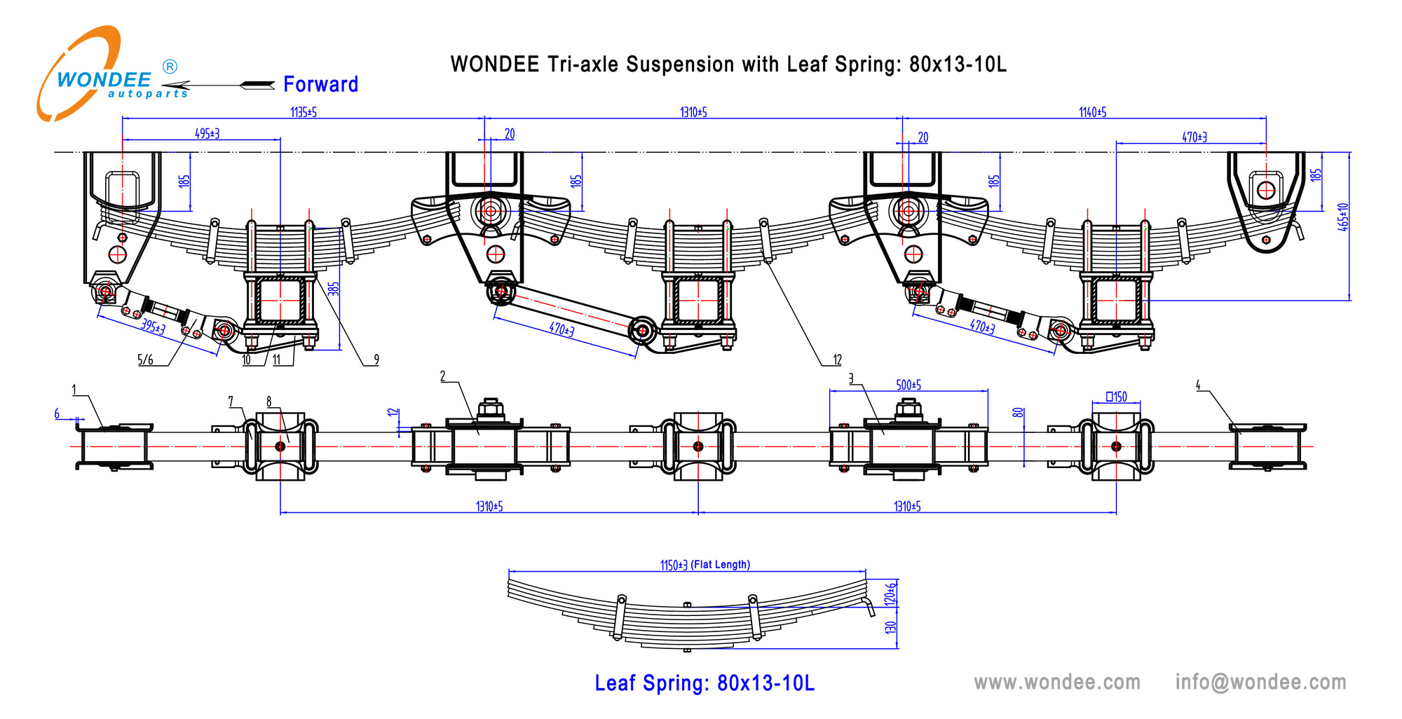 Suspension à tri-axe wondee avec printemps foliaire 80x13-10L-2