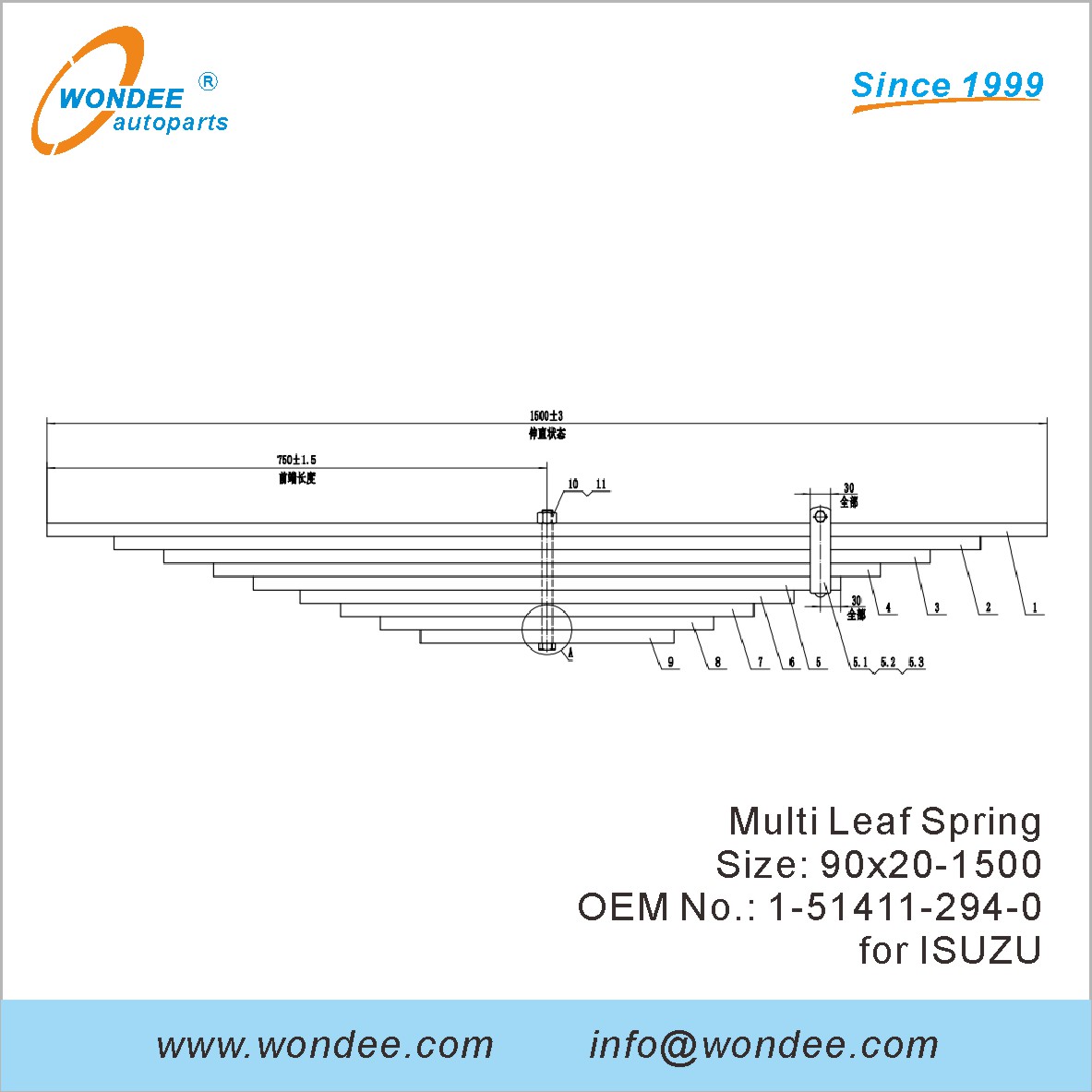 Wondee Heavy Duty Truck Leaf Spring OEM 1-51411-294-0 pour Isuzu